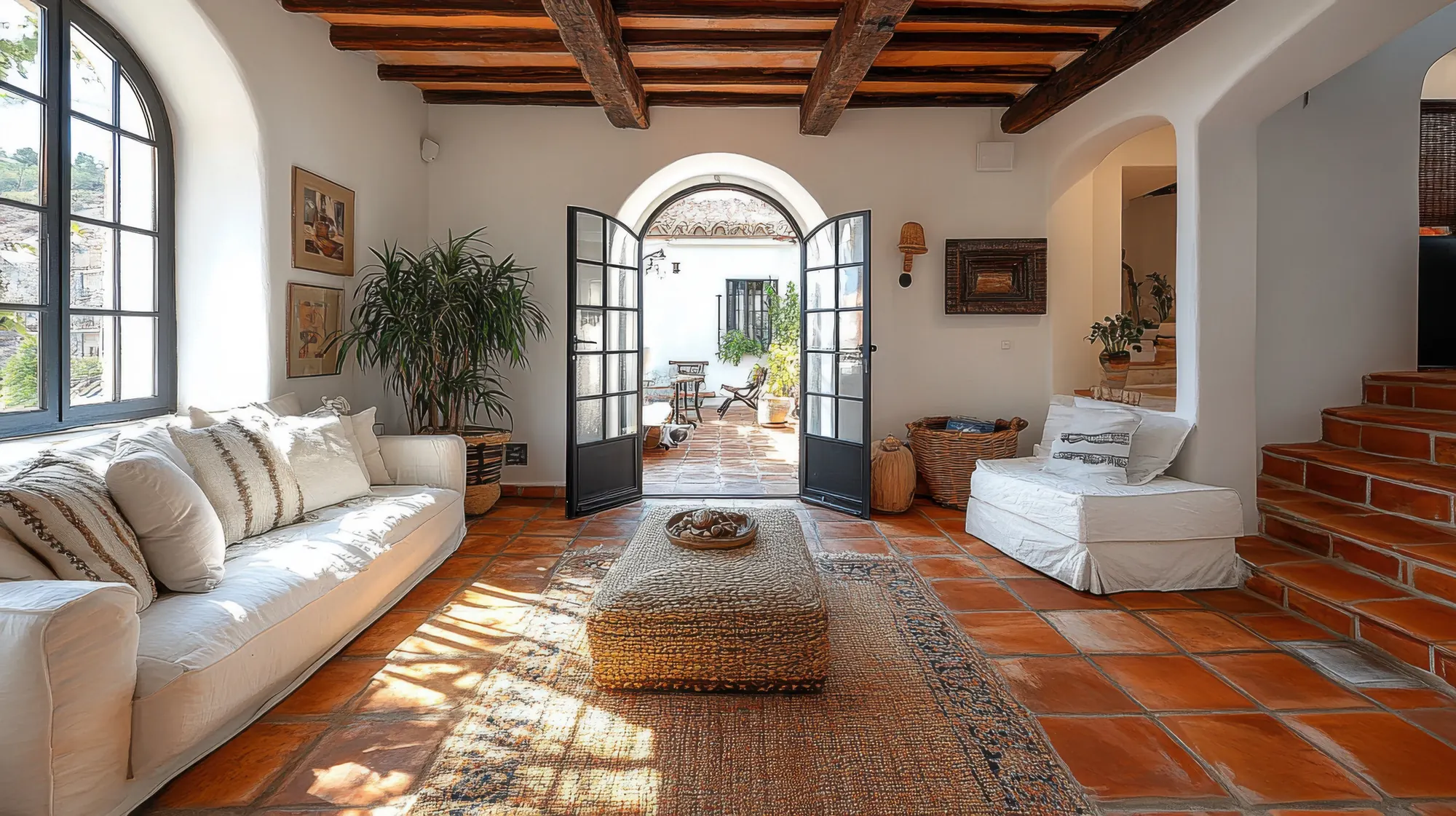 bright-mediterraneanstyle-living-room-with-rustic-wooden-beams-terracotta-tile-floor